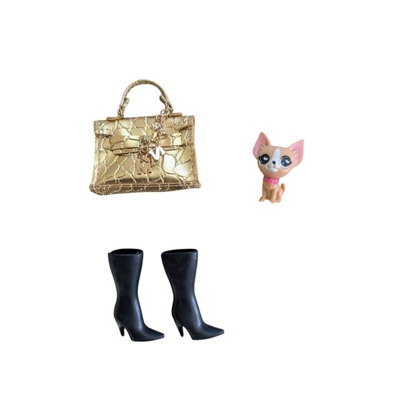 Zuru Mini Brands Mini Fashion Bag Gold Bag Chihuahua & Black Barbie Boots Lot - Picture 1 of 2